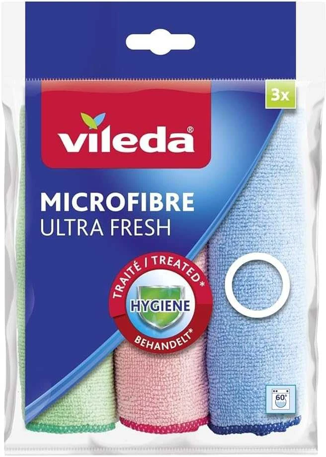 VILEDA "Ultra Fresh" mikropluošto šluostės, 3 vnt., įvairių spalvų, su sidabro jonais, antibakterinės mikropluošto šluostės su apsauga nuo nemalonių kvapų.