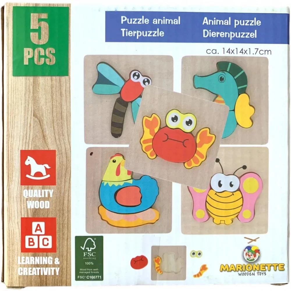 Marionette Wooden Toys Medinė dėlionė Gyvūnai, 5 vnt.