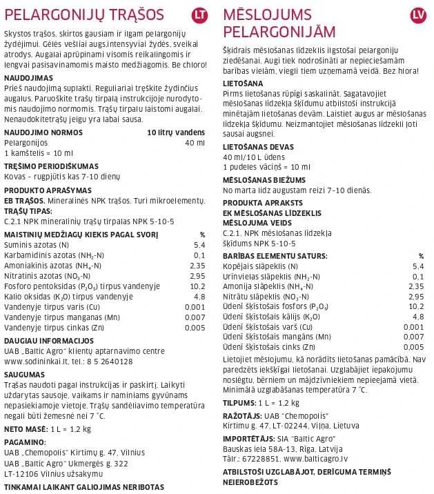 Baltic Agro BALTICAGRO Koncentruotos skystos pelargonijų trąšos, 1 L
