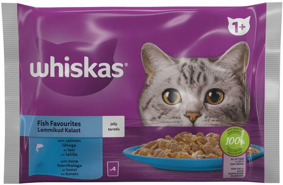 Konservuotas ėdalas katėms WHISKAS, su lašiša ir tunu, 4 x 85 g