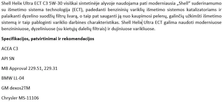 VARIKLIŲ TEPALAI SHELL HELIX Ultra ECT C3 5W-30 5L