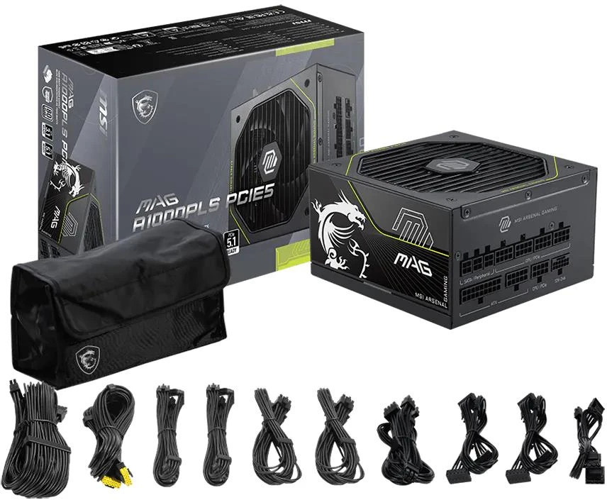 MSI MAG A1000PLS PCIE5 EU Juoda Reljefinis kabelis 1000W pilnai modulinis Platininis ENFR spalvota dėžutė medinis padėklas 120M