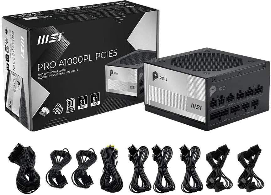 MSI PRO A1000PL PCIE5 EU Juoda Reljefinis kabelis 1000W pilnai modulinis Platinum ENFR spalvota dėžutė medinis padėklas 84M