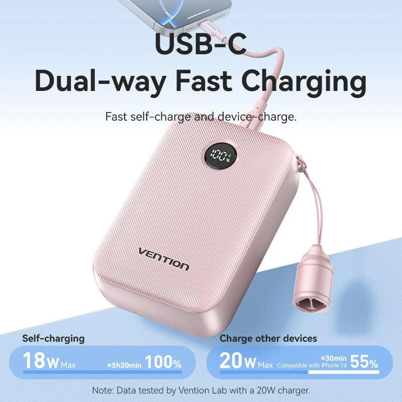 Vention 20000 mAh 2x USB-C 1x USB-A 22.5W rožinė
