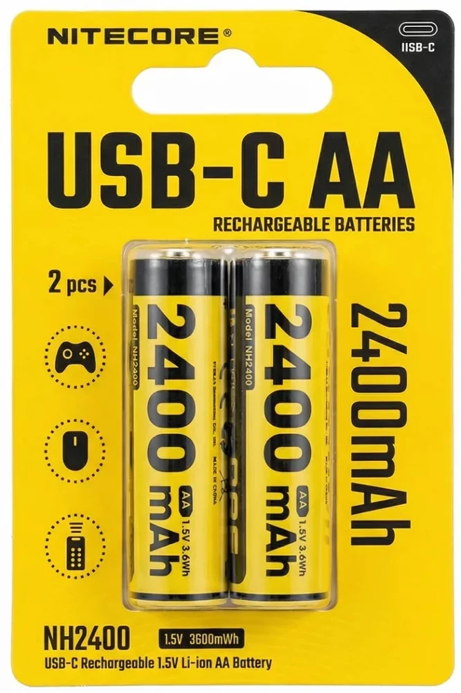 Nitecore NH2400 2400mAh USB-C įkraunamos AA baterijos, 2 vnt.