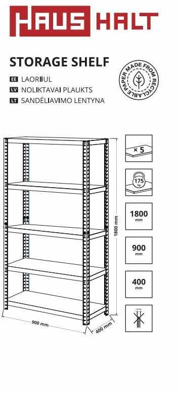 Haushalt Monroe STORAGE SHELF T40A MDF 180X90X40 175KG