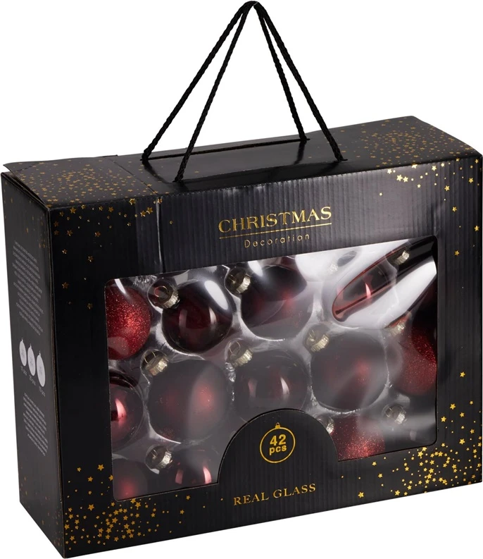 Nežinomas Eglutės žaisliukų rinkinys, bordo, stiklas, 42 vnt.