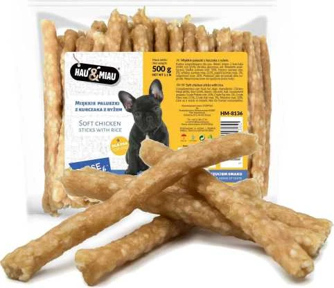 None Hau&Miau Hau & Miau Pausesnack skanėstas šunims, minkštos lazdelės su vištiena ir ryžiais 500g