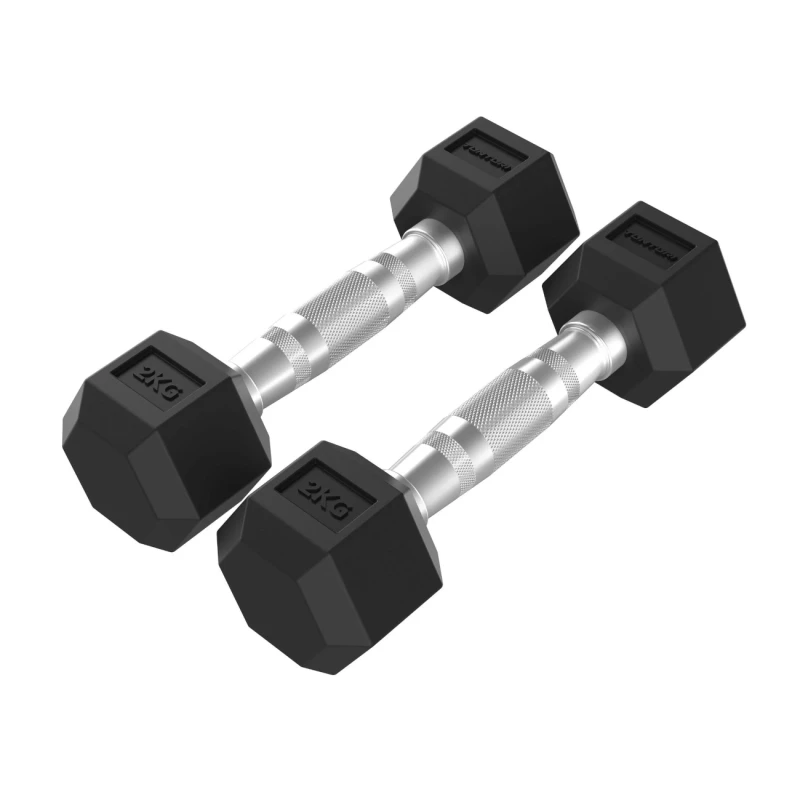 None Hanteliai TUNTURI Platinum Hex Rubber Dumbbell, 1-50kg (Svoris: 2 x 2kg)