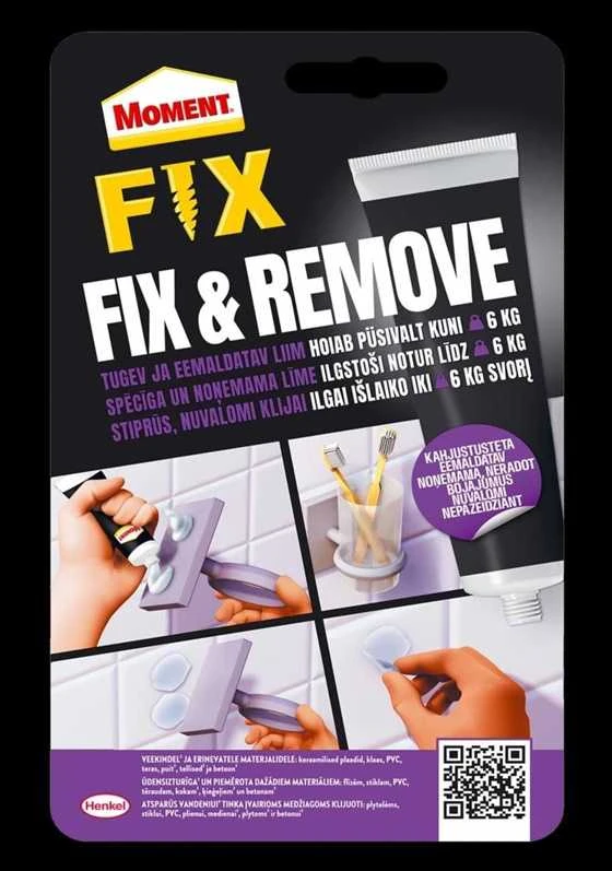 Moment Fix & Remove klijų pakuotė su naudojimo instrukcijomis