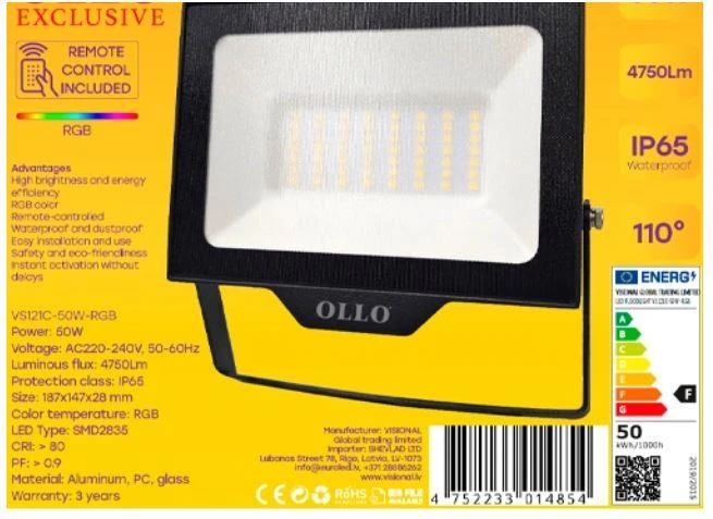 OLLO LED RGB Prožektors 50W Multi Krāsas 4750lm IP65 SMD2835 CRI>80 PF>0.9 EEI:F