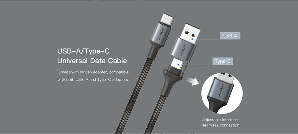 Orsen Juodas 2 viename USB ir Type-C įkrovimo laidas, 1,5 m