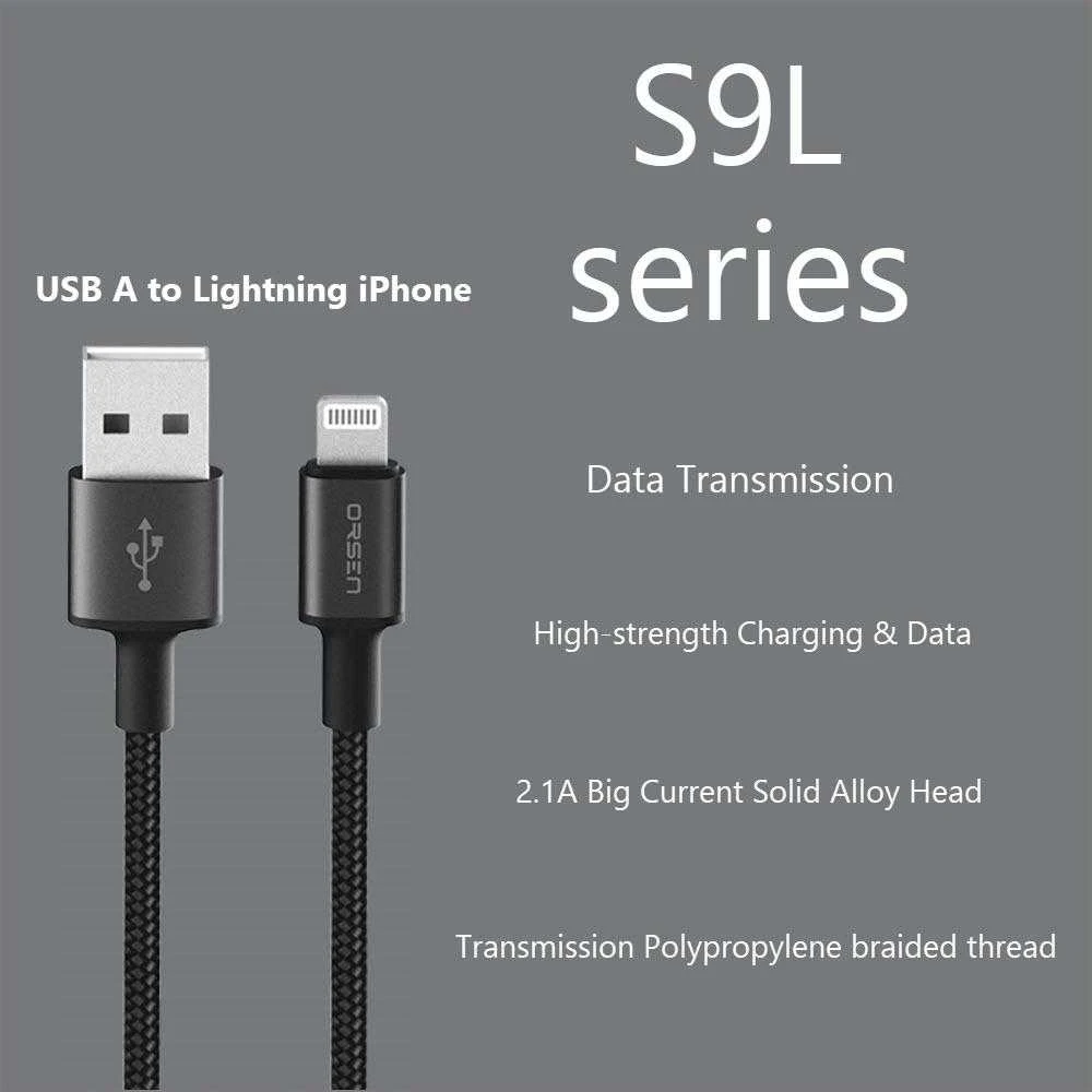 Orsen USB-A į Lightning įkrovimo laidas, 1 m, juodas