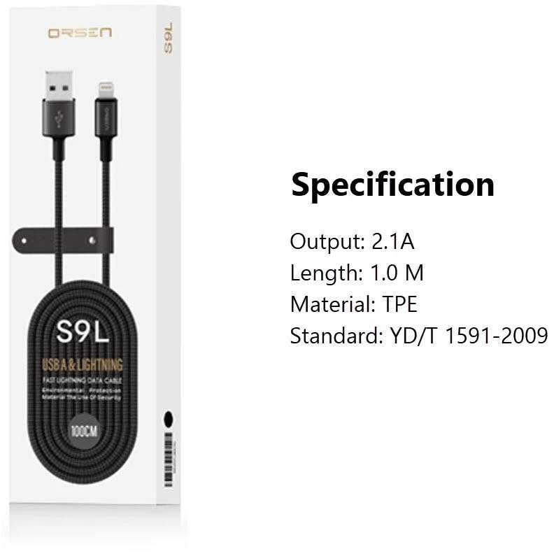 Orsen USB-A į Lightning įkrovimo laidas, 1 m, juodas