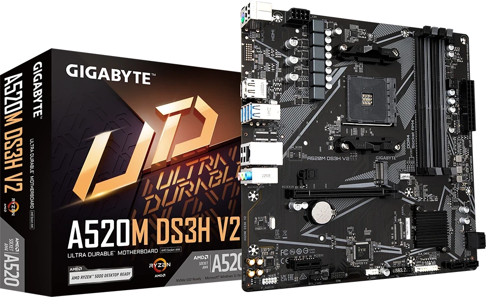 Pagrindinė plokštė Gigabyte A520M DS3H V2 (rev. 1.0), itin patvari pagrindinė plokštė su skaitmeniniu VRM sprendimu, GbE LAN, išmaniuoju ventiliatoriumi "Smart Fan 5" su FAN STOP funkcija