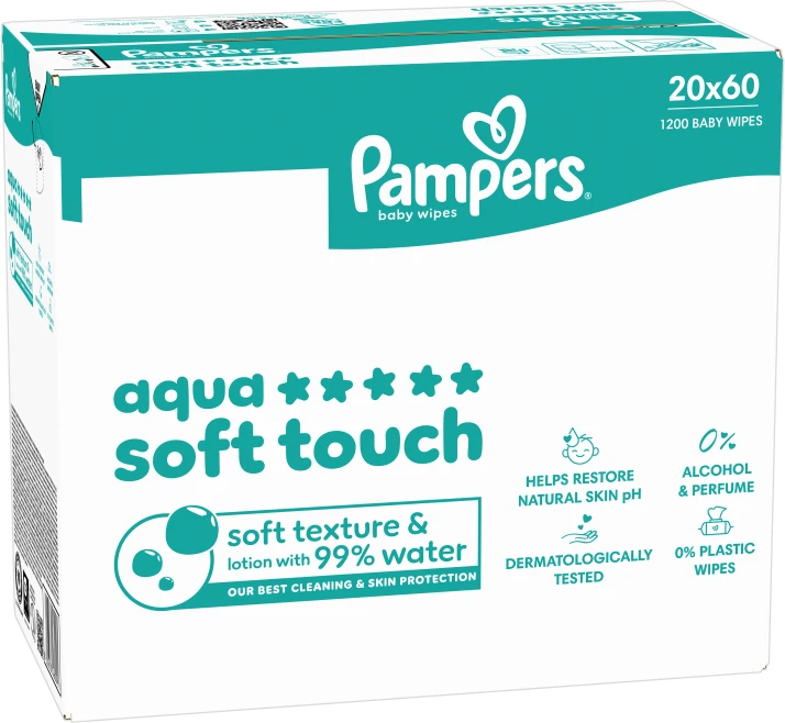 Pampers Aqua Soft Touch Servetėlės Kūdikiams, 20 Pakuotė, 1200 Servetėlės