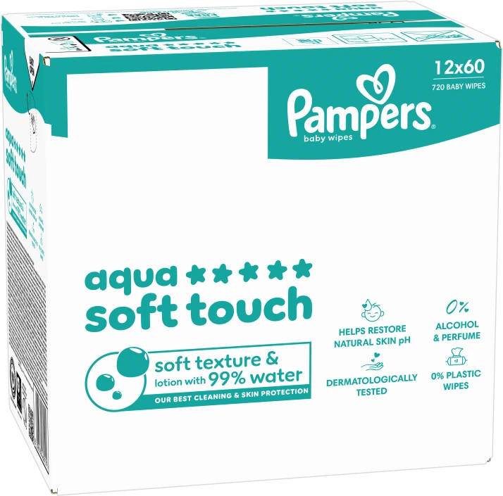 Pampers Aqua Soft Touch Servetėlės Kūdikiams, 12 Pakuotė, 720 Servetėlės