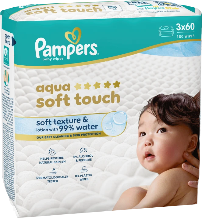 Kūdikių servetėlės PAMPERS Aqua Soft Touch, 3x60 vnt.