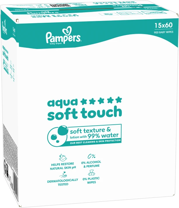 Pampers Aqua Soft Touch Servetėlės Kūdikiams, 15 Pakuotė, 900 Servetėlės