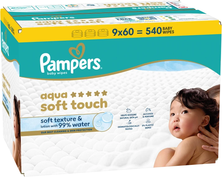 Pampers Aqua Soft Touch Servetėlės Kūdikiams, 9 Pakuotė, 540 Servetėlės