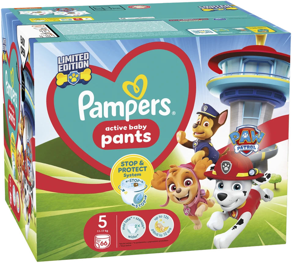 Pampers Active Baby Pants Sauskelnės-Kelnaitės - Šunyčių patrulių leidimo, 5 dydis, 12-17kg, 66 vnt.
