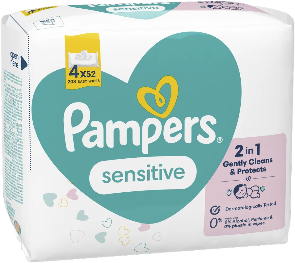 Servetėlės kūdikiams Pampers Sensitive, 4 pakuotės, 208 vnt.