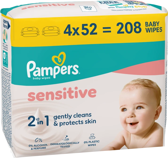 Servetėlės kūdikiams Pampers Sensitive, 4 pakuotės, 208 vnt.