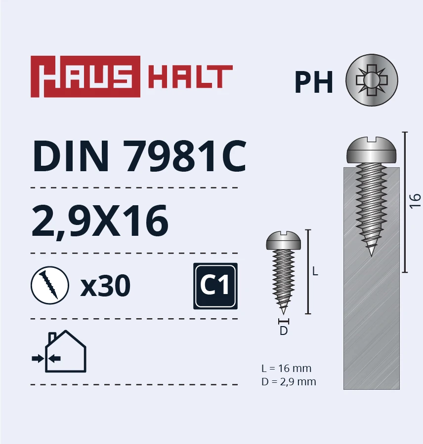 Savisriegiai Haushalt, DIN7981C, 2.9 x 16 mm, 30 vnt.