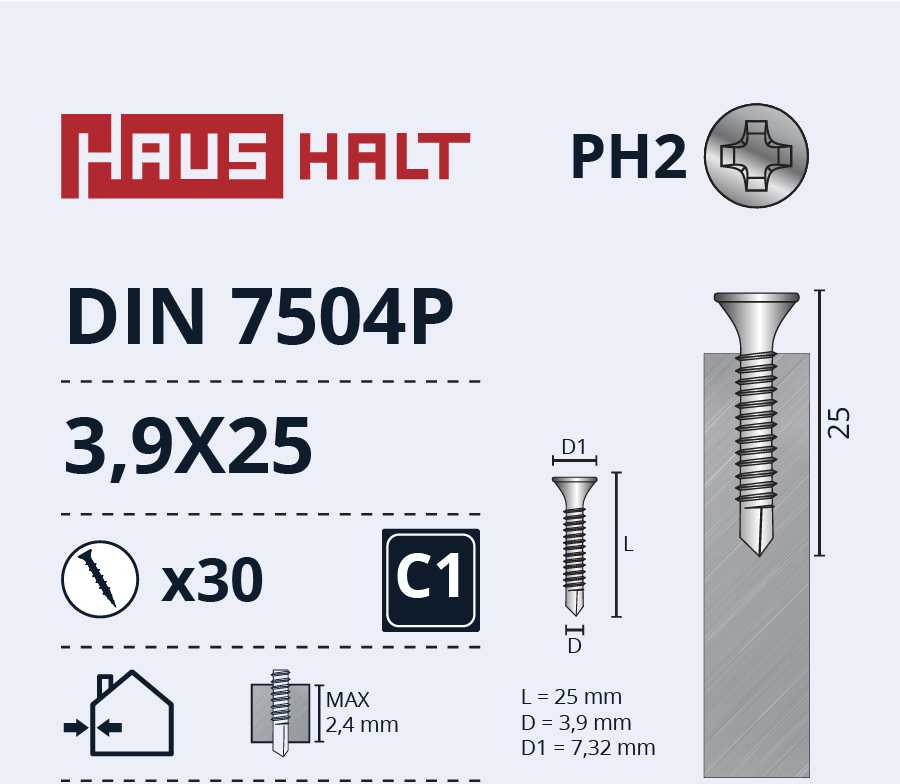 Savisriegiai Haushalt, DIN 7504P, 3,9 x 25 mm, 30 vnt.