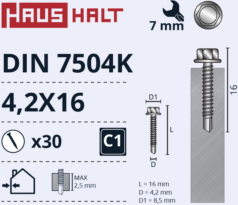 Grąžtas Savisriegiai Haushalt, DIN 7504K, 4,2 x 16 mm, 30 vnt.