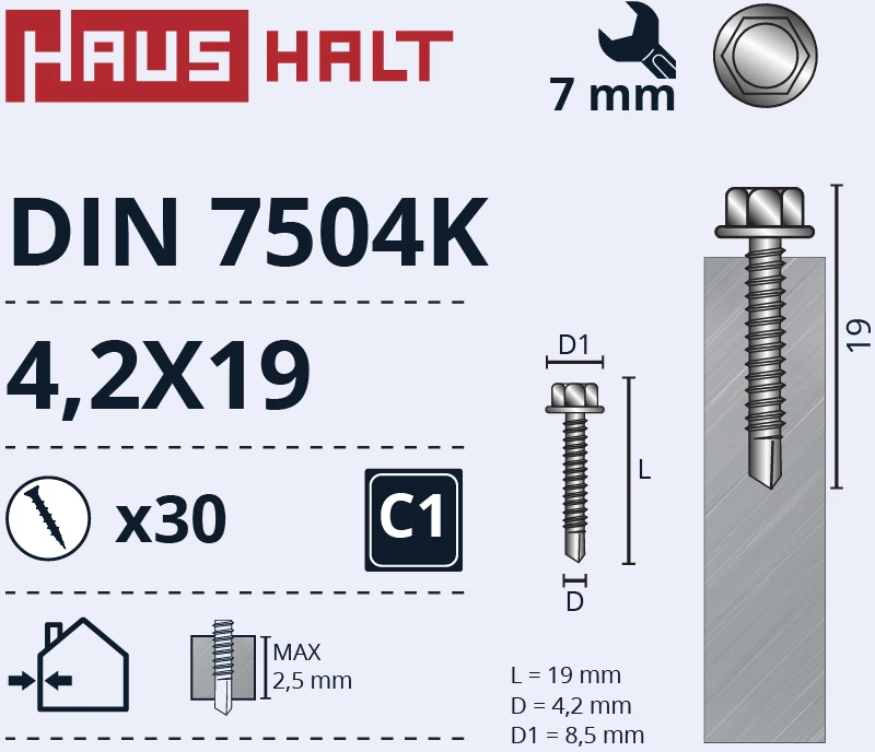 Grąžtas Savisriegiai Haushalt, DIN 7504K, 4,2 x 19 mm, 30 vnt.
