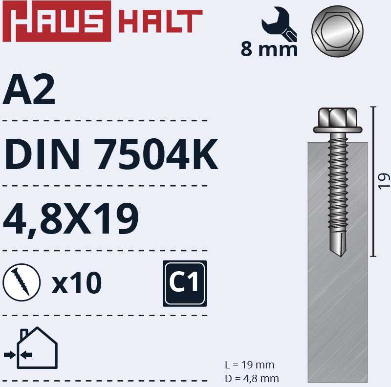 Grąžtas Savisriegis Haushalt, 4.8 mm x 19 mm, 10 vnt.
