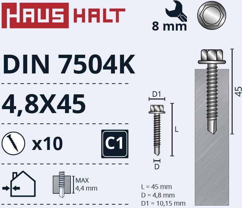 Grąžtas Savisriegiai Haushalt, DIN 7504K, 4,8 x 45 mm, 10 vnt.
