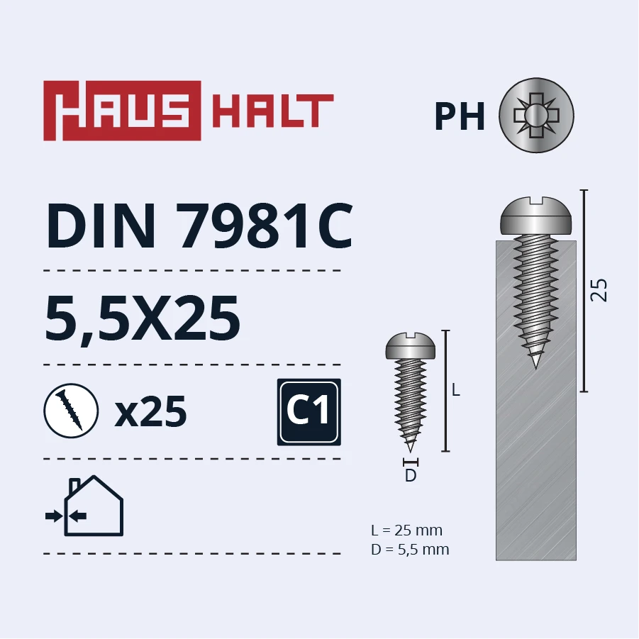 Savisriegiai Haushalt, DIN 7981C, 5,5 x 25 mm, 25 vnt.