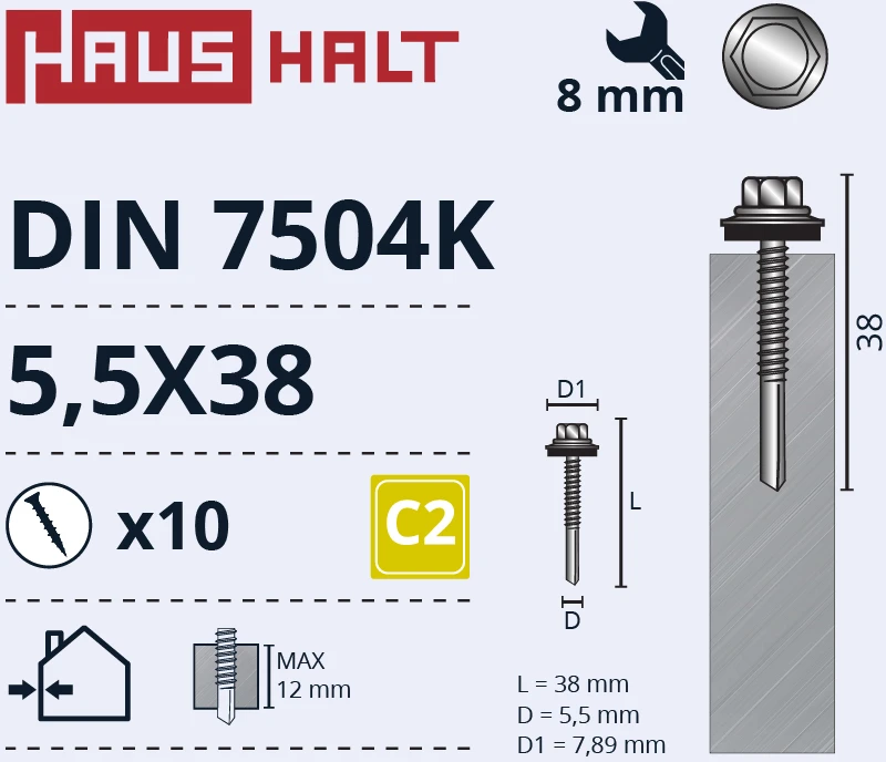 Haushalt „Memorysolution“ savisriegis varžtas 5,5x38 DIN7504K 12 mm + EMPD 10 vnt.