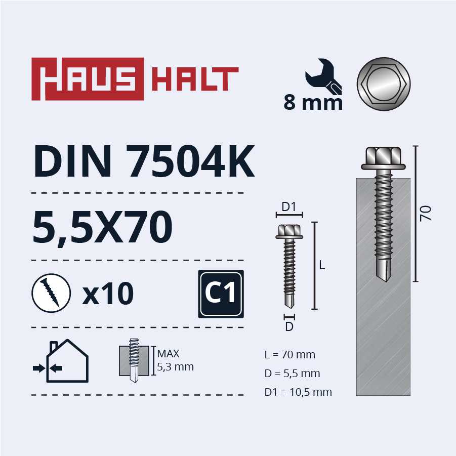 Grąžtas Savisriegiai Haushalt, DIN 7504K, 5,5 x 70 mm, 10 vnt.
