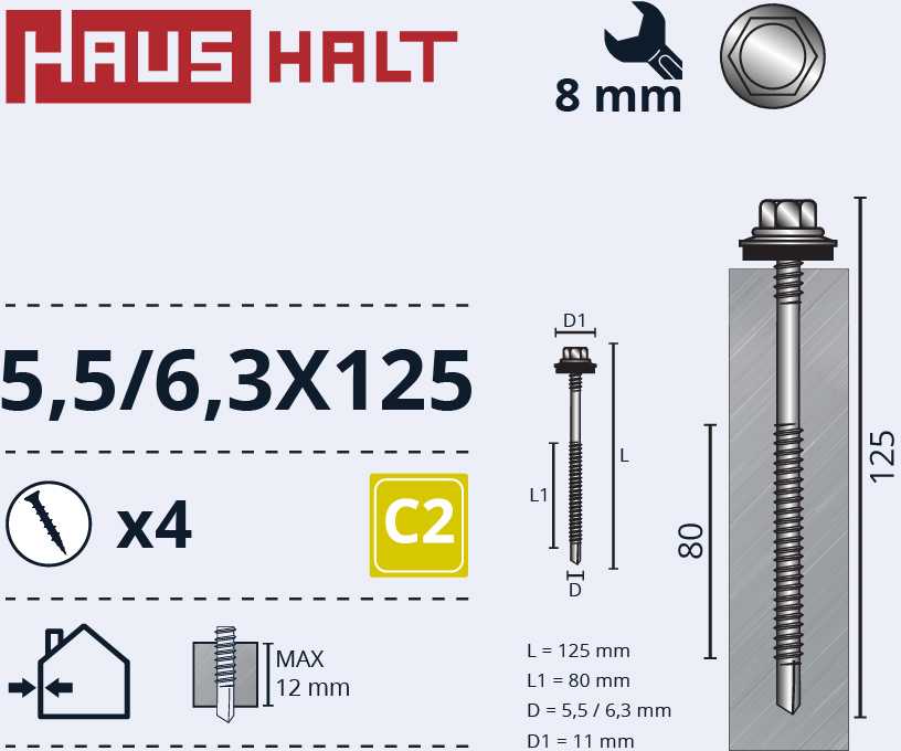 Savisriegiai Haushalt, DIN 7504K, 5,5/6,3 x 125 mm, 4 vnt.