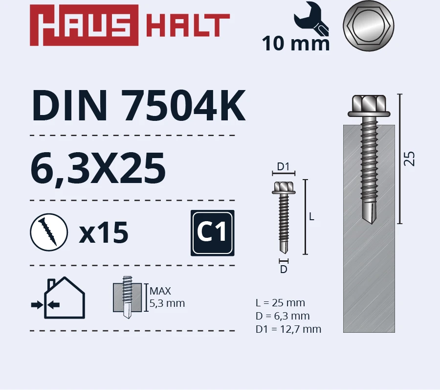 Grąžtas Savisriegiai Haushalt, DIN 7504K, 6,3 x 25 mm, 15 vnt.