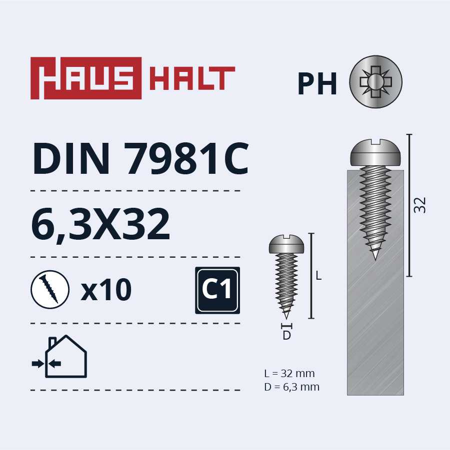 Savisriegiai Haushalt, DIN7981C, 6,3 x 32 mm, 10 vnt.
