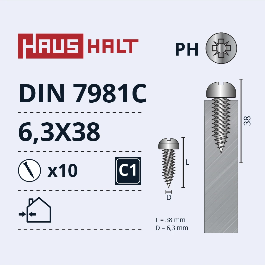 Savisriegiai Haushalt, DIN7981C, 6.3 x 38 mm, 10 vnt.