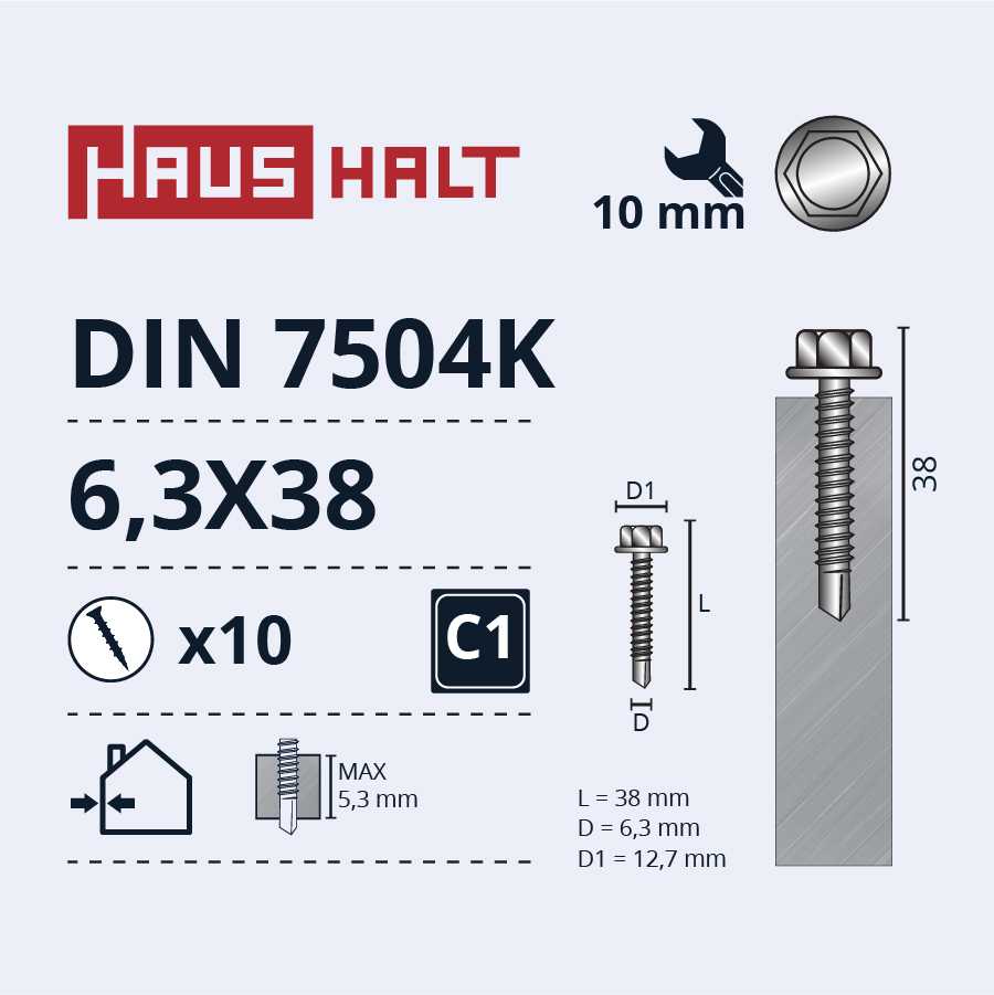 Grąžtas Savisriegiai Haushalt, DIN 7504K, 6,3 x 38 mm, 10 vnt.