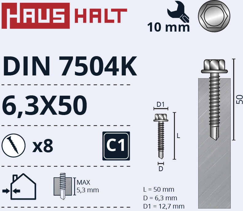 Grąžtas Savisriegiai Haushalt, DIN 7504K, 6,3 x 50 mm, 8 vnt.
