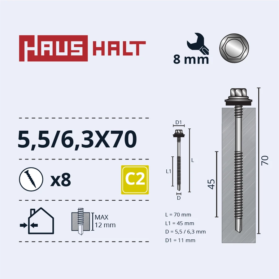 Savisriegiai Haushalt, DIN 7504K, 5,5/6,3 x 70 mm, 8 vnt.