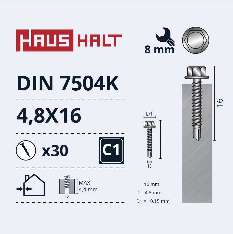 Grąžtas Savisriegiai Haushalt, DIN 7504K, 4.8 x 16 mm, 30 vnt.