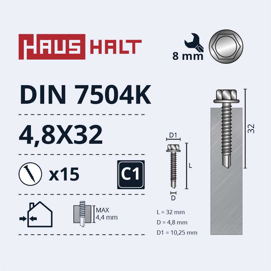 Grąžtas Savisriegiai Haushalt, DIN 7504K, 4,8 x 32 mm, 15 vnt.