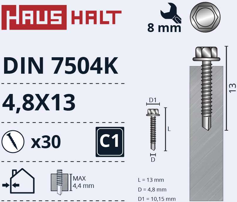 Grąžtas Savisriegiai Haushalt, DIN 7504K, 4,8 x 13 mm, 30 vnt.