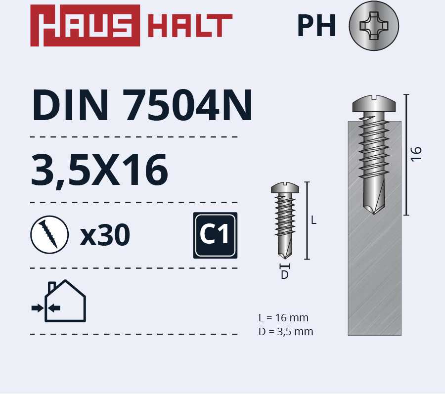Savisriegiai Haushalt, DIN 7504N, 3.5 x 16 mm, 30 vnt.