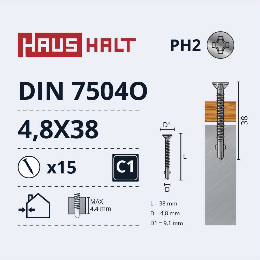 Savisriegiai Haushalt, DIN 7504O, 4,8 x 38 mm, 15 vnt.