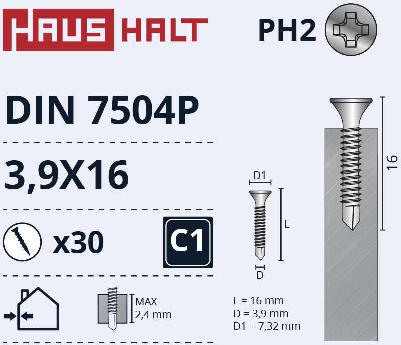 Savisriegiai Haushalt, DIN 7504P, 3,9 x 16 mm, 30 vnt.