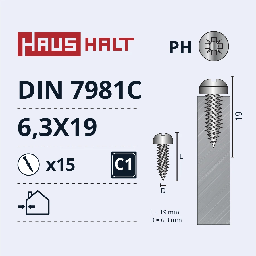 Savisriegiai Haushalt, DIN 7981C, 6.3 x 19 mm, 15 vnt.